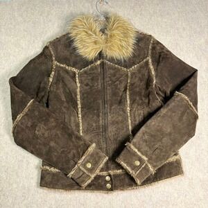 Mixit Jacket Womens Small Brown Suede Leather Faux Fur Trim Western Boho Y2K